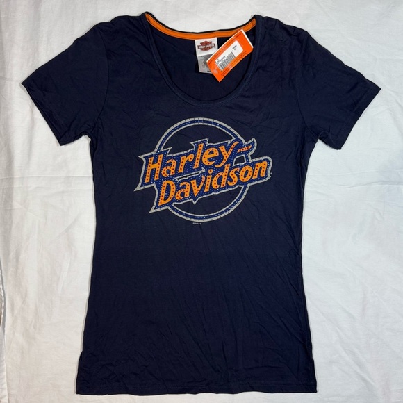 Harley-Davidson Navy Tee with Orange Harley Logo - Picture 1 of 8
